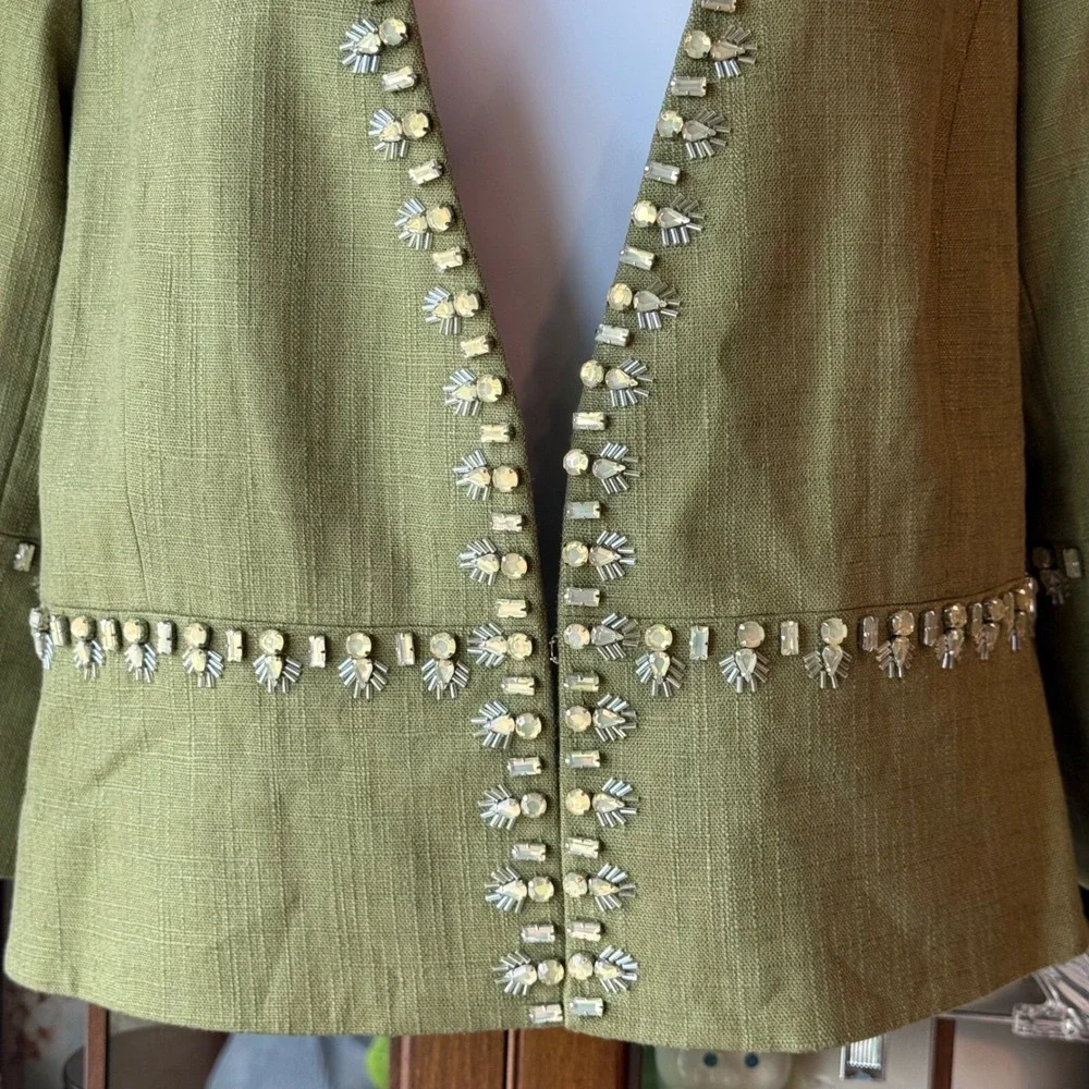 TORY BURCH Avery Hills Linen Blend 3/4 Jacket Blazer Olive Green Size‎ 4 New